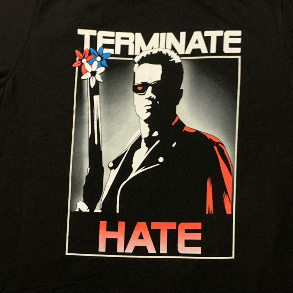 NWOT black shirt “Terminate Hate” design